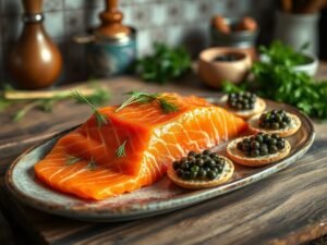 Salmão Gravlax com Blinis de Caviar Beluga