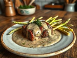 Vitela com Molho de Morels e Aspargos Brancos